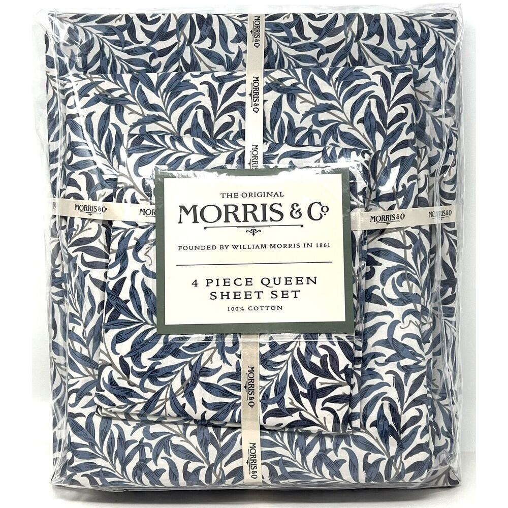 William MORRIS & CO. QUEEN Sheet Set Blue Leaves Willow 100% Cotton 4pcs NIP